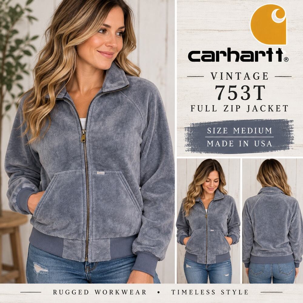 Vintage Carhartt 753T Jacket Blue Medium Full Zip Fleece Made USA Rugged Outdoor
